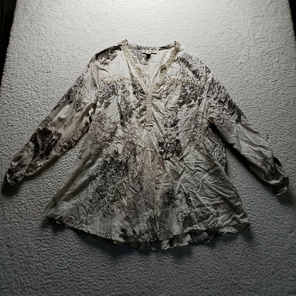 Vintage America Blues Blouse Womens XXL White V Neck Sleeve Crochet Tunic Top